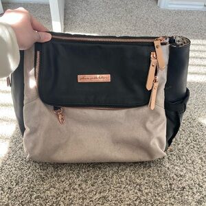 Petunia Pickle Bottom Black and Taupe Two-Tone Backpack with Rose Gold Accents